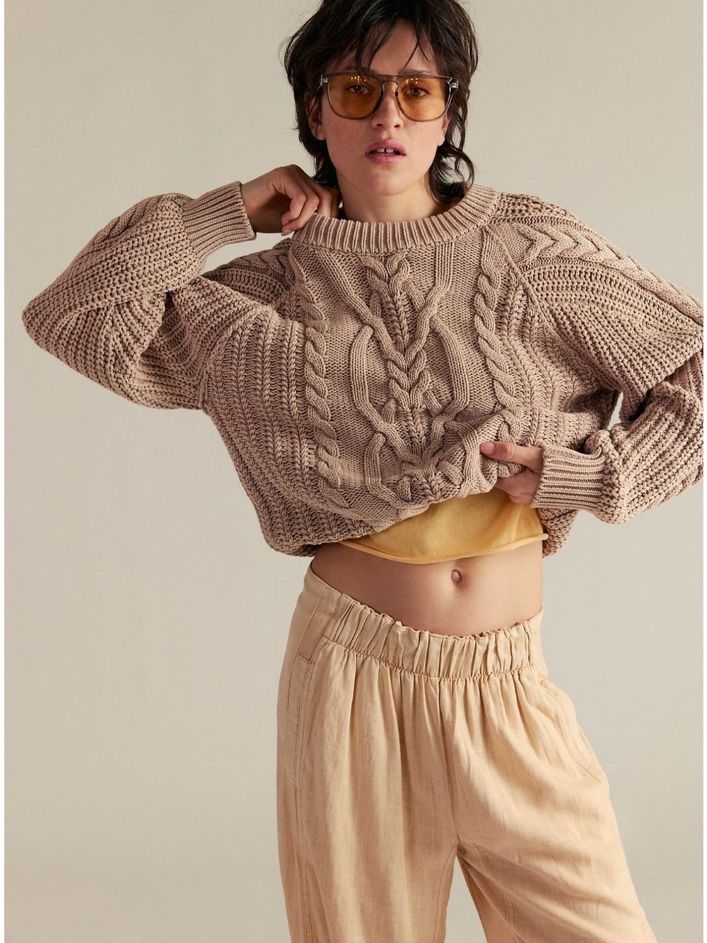 FREE PEOPLE FRANKIE CABLE KNIT SWEATER CROISSANT